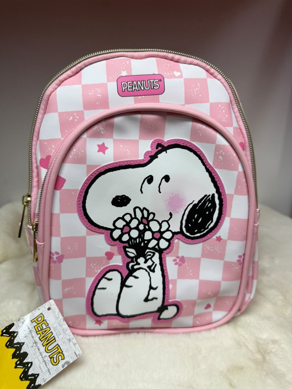 Mini Mochila Snoopy Rosada con Flores y Diseño a Cuadros – Importada de EE. UU.